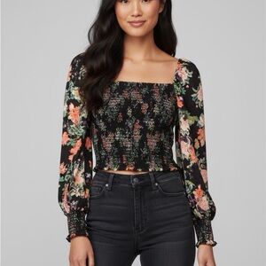 Alice + Olivia Black Floral Smocked Blouse